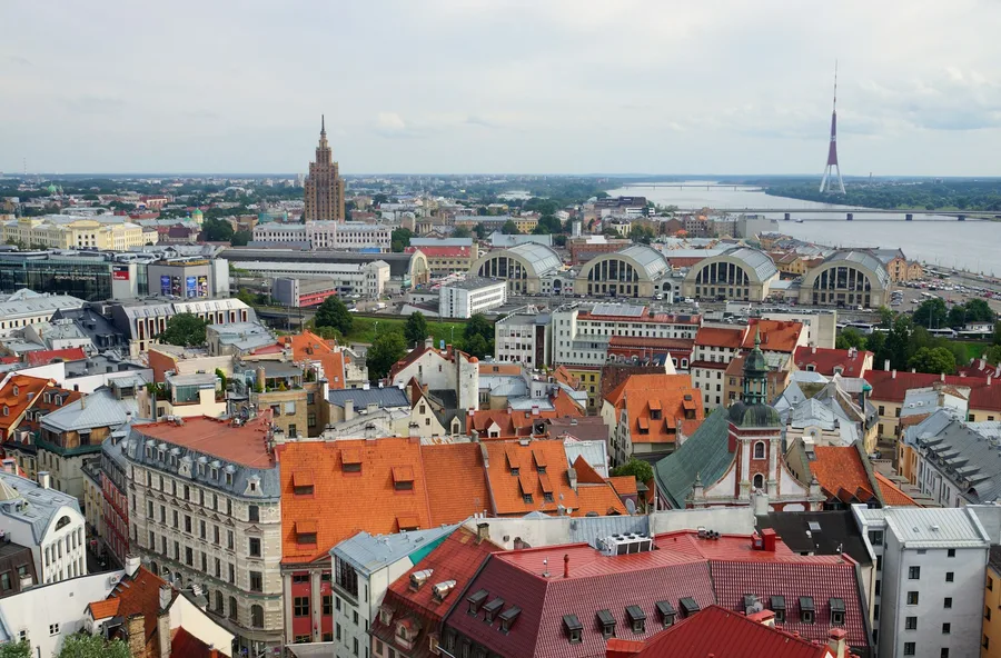 Riga skyline with Art Nouveau facades and church spires, Latvia